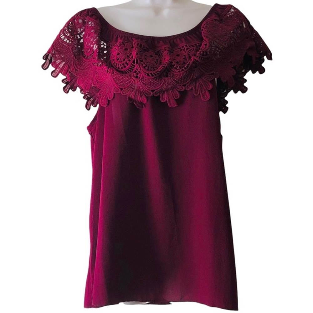 Burgundy off the shoulder blouse with crochet lace trim